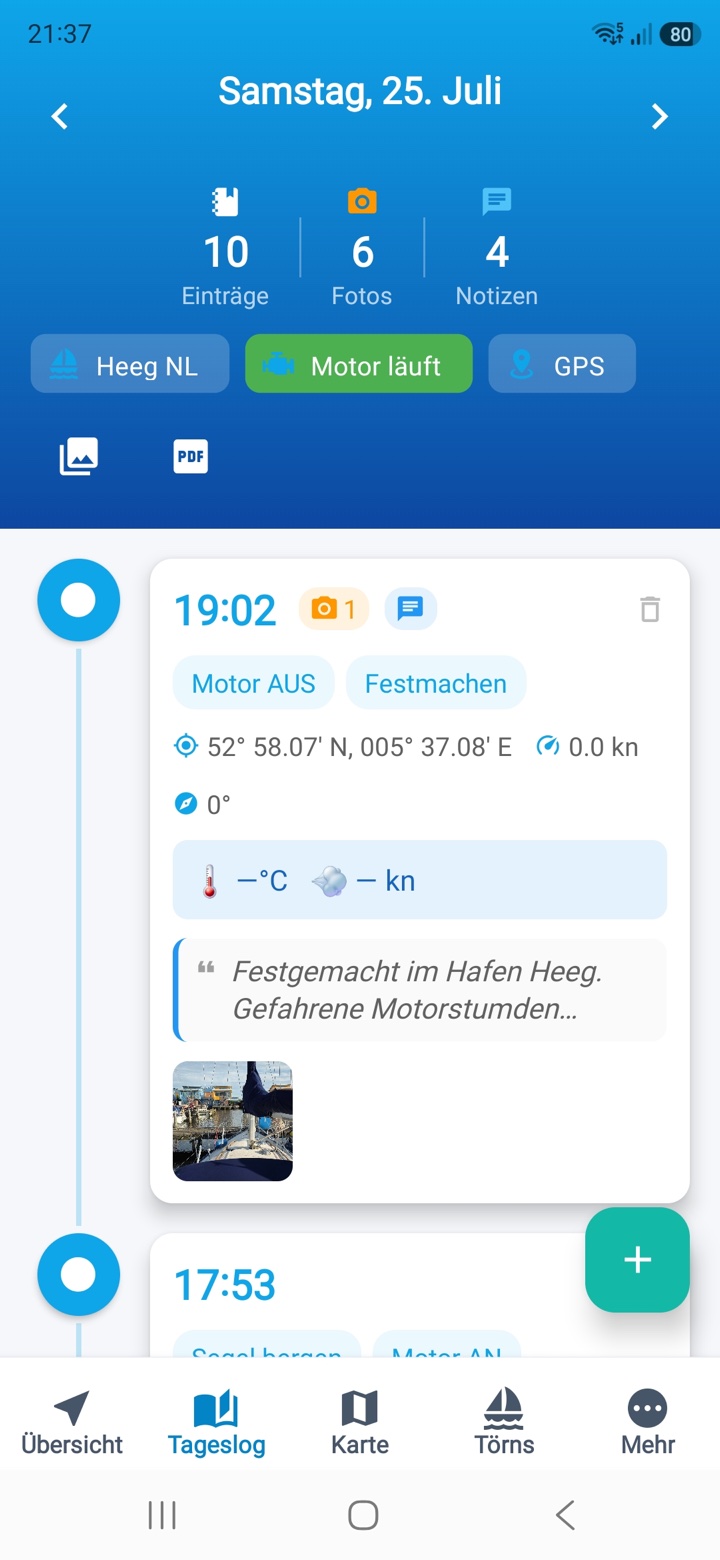 Tageslog mit chronologischen Segelereignissen und Fotos